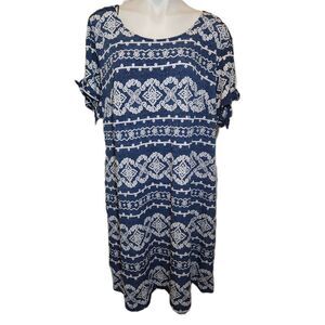 Perceptions Woman dress 2X Navy blue w/ white puff print Tie sleeves Mid-length